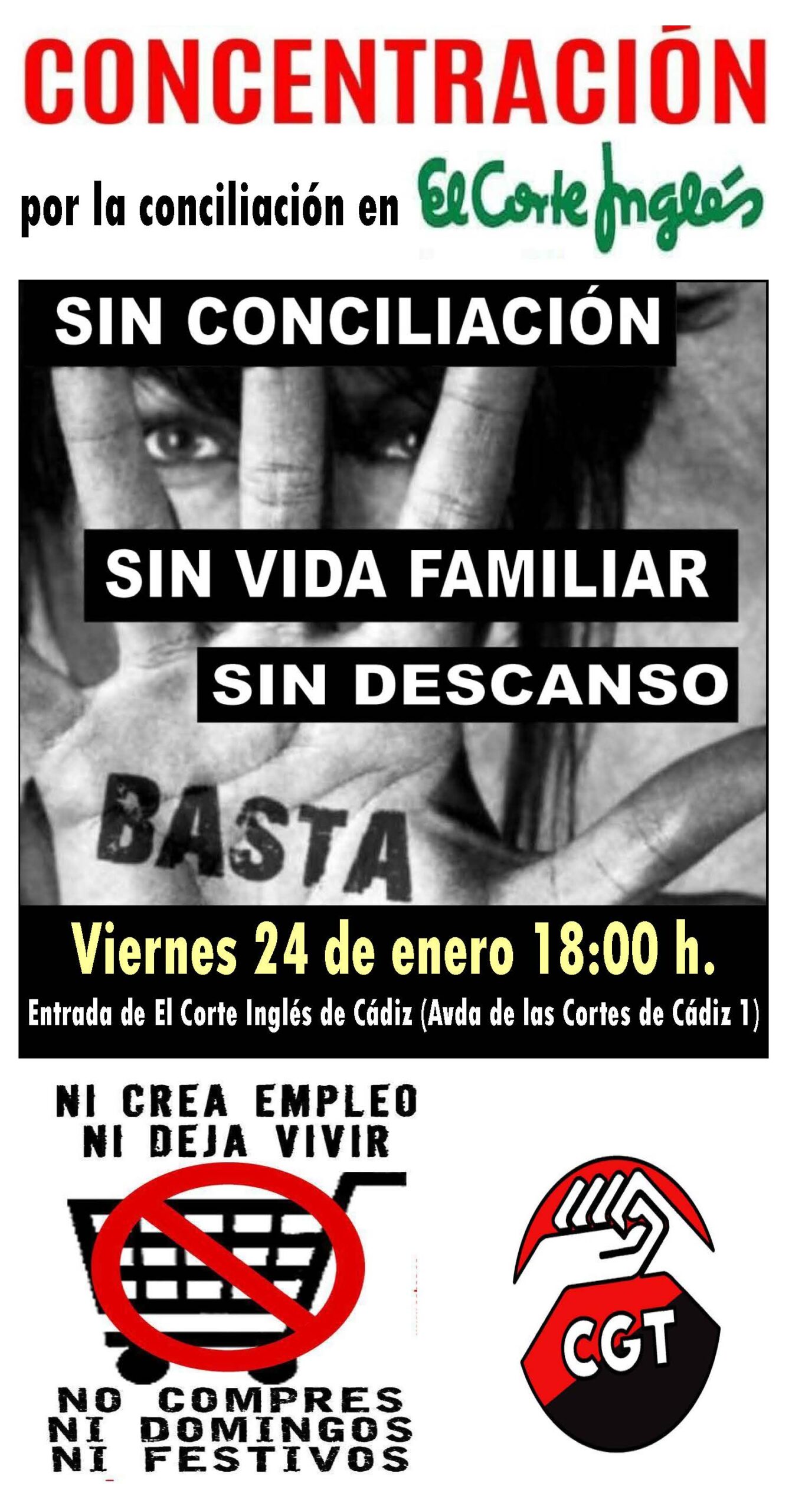 Imagen de CGT convoca una concentración en el Corte Inglés de Cádiz el viernes 24 de enero a las 18:00 horas para denunciar la  imposibilidad de la conciliación familiar