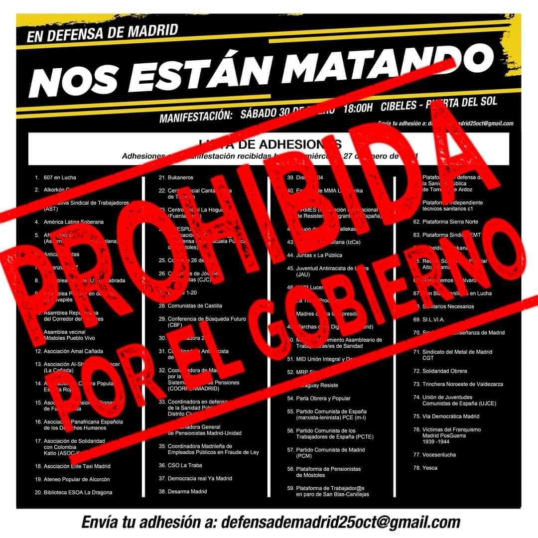 Imagen de Comunicado de colectivos y organizaciones de los barrios y pueblos de Madrid ante la prohibición de la manifestación del sábado 30 de enero con el lema “Nos están matando”