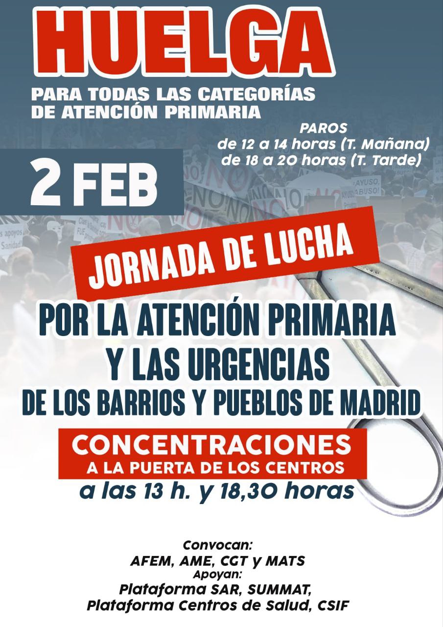 Imagen de COMUNICADO: PAROS EN TODOS LOS CENTROS DE SALUD DE MADRID EL 2 FEBRERO DE 2023.