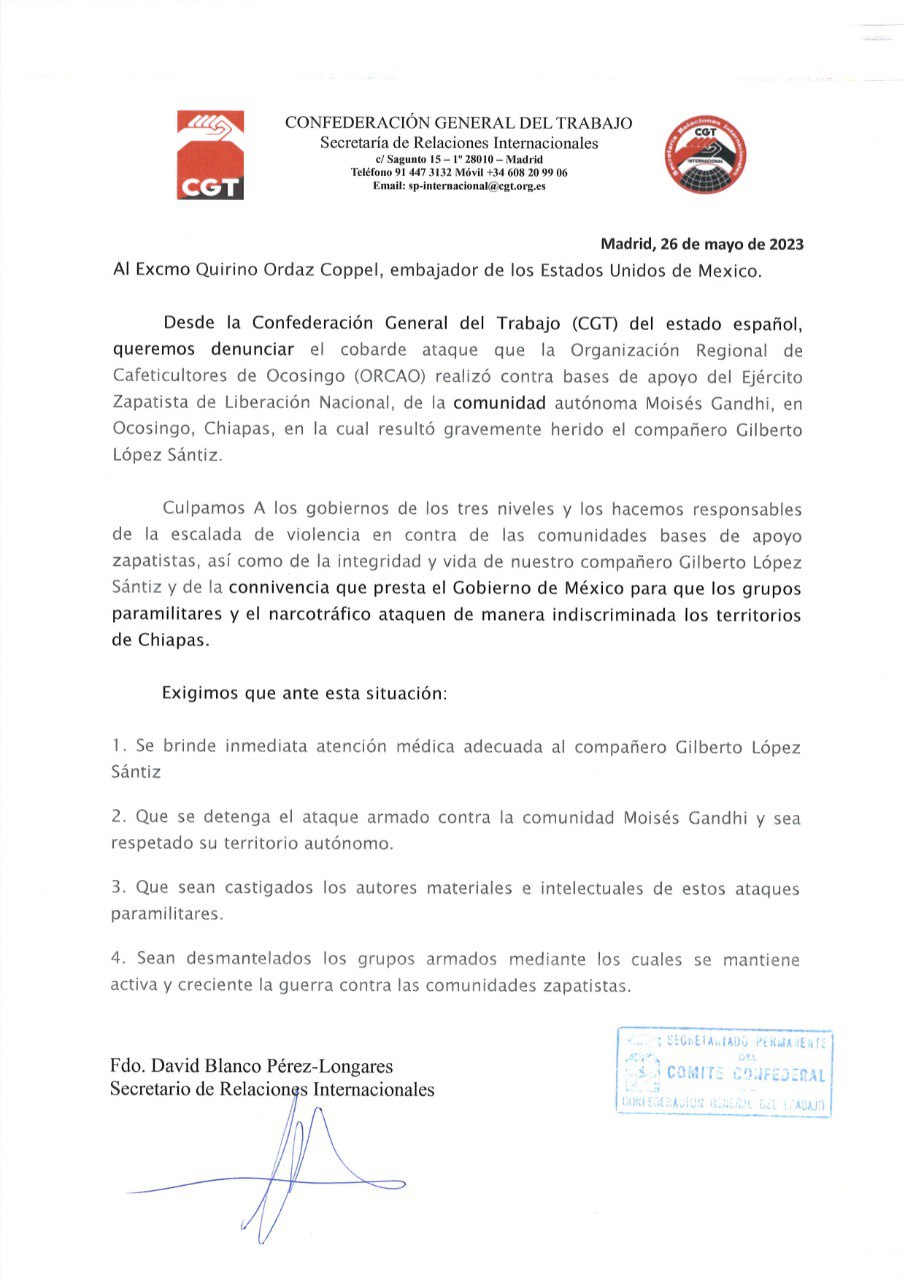 Imagen de Repulsa ante el ataque efectuado contra las Bases de Apoyo del EZLN