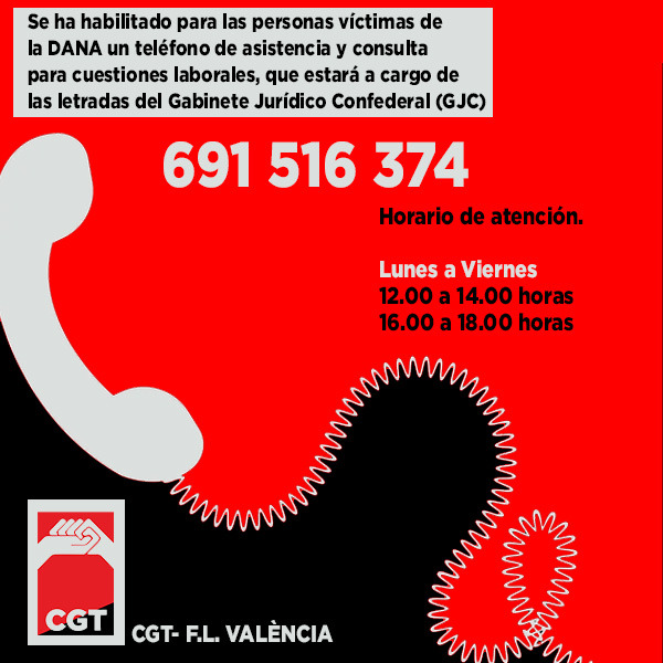 Imagen de CGT pone a disposición de las víctimas de la DANA un teléfono de asistencia y consulta sobre cuestiones laborales.