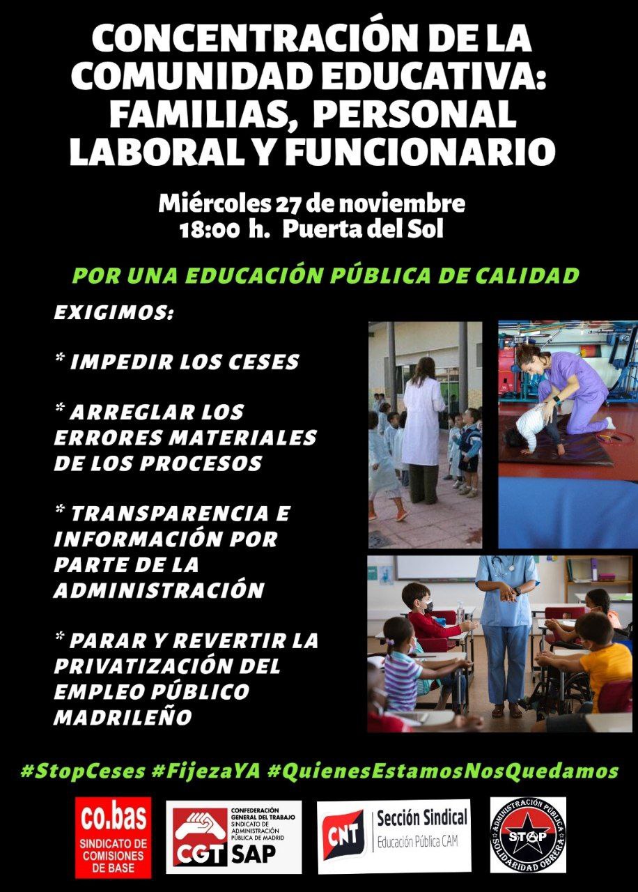 Imagen de CGT, CNT, SO y COBAS convocan concentración este 27 de noviembre contra la falta de recursos y el despido en los centros educativos.
