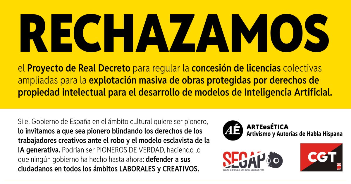 Imagen de Arte es Ética, SEGAP y CGT rechazan el proyecto de Real Decreto LCA para Inteligencia Artificial