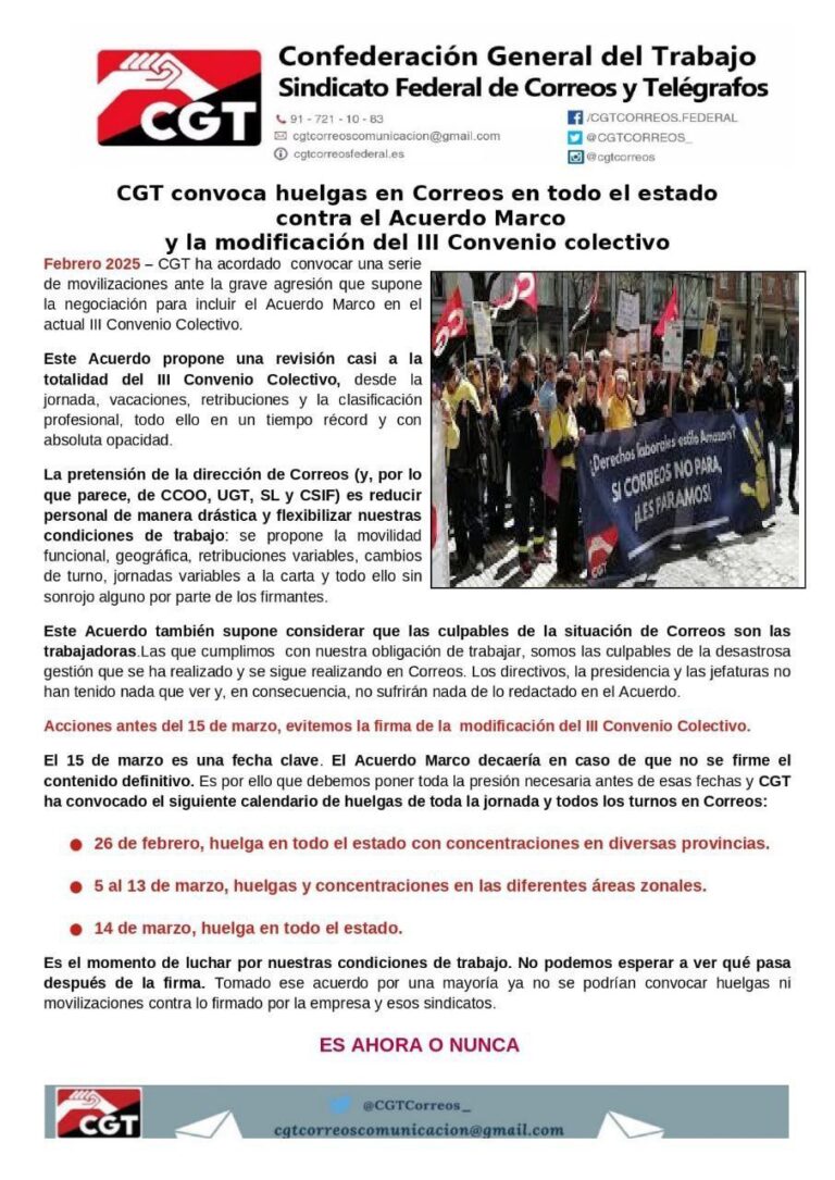 CGT en Correos convoca huelga contra el Acuerdo Marco