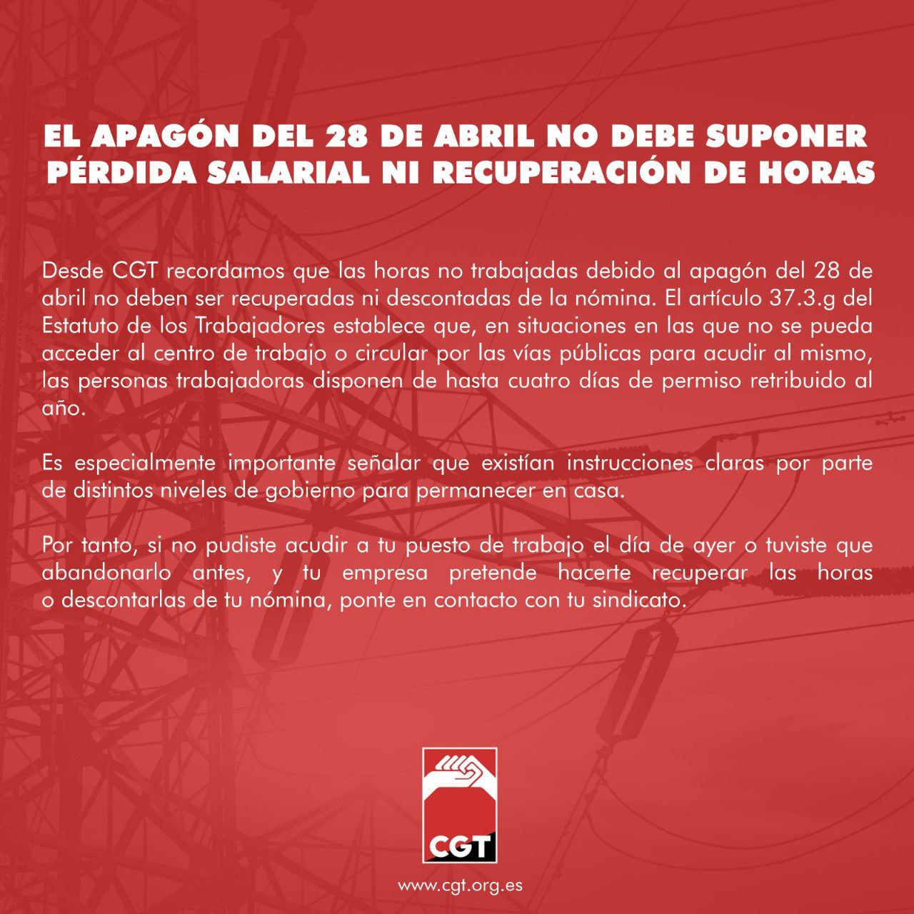 Imagen de El apagón del 28 de abril no debe suponer pérdida salarial ni recuperación de horas
