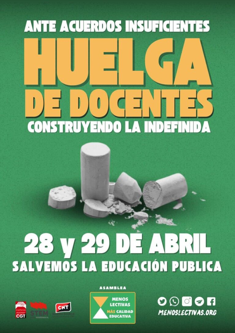 28 y 29 de abril: Huelga de docentes de la enseñanza madrileña. Construyendo la indefinida