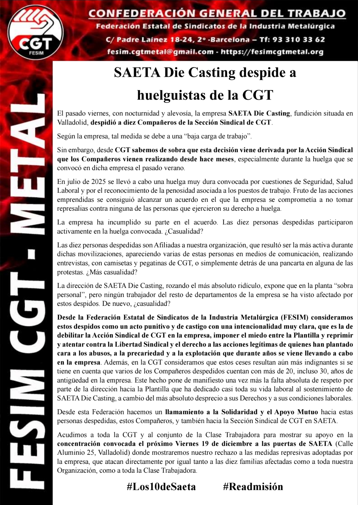 Imagen de SAETA Die Casting despide a diez personas alegando “baja carga de trabajo” en la planta de Valladolid.